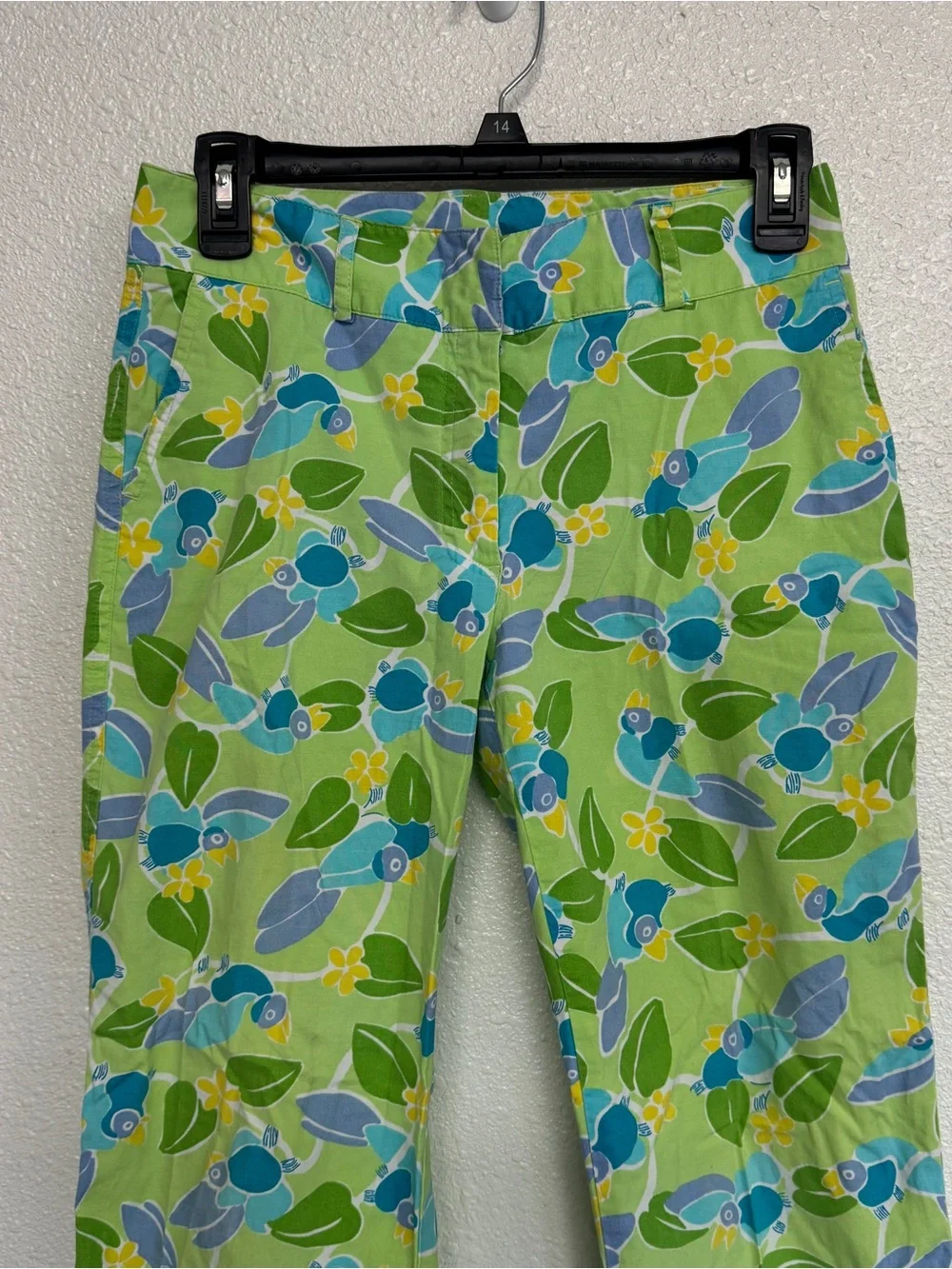 Lilly Pulitzer Vintage Size‎ 2 Crop Pants Tropical Bird Print Green Aqua Blue